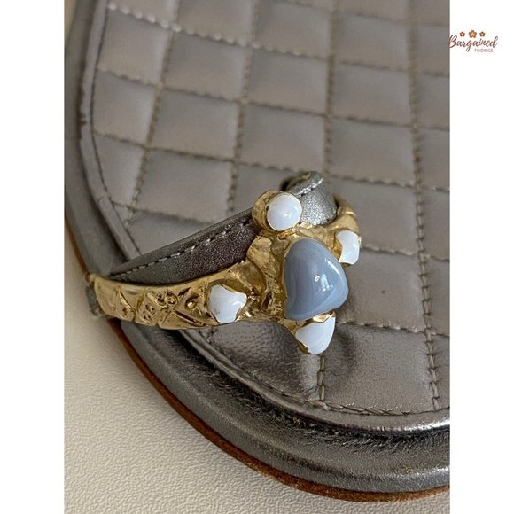 Authentic CHANEL Silver Leather Enamel Embellished Toe Ring Flat Sandals 37C - Picture 4 of 13